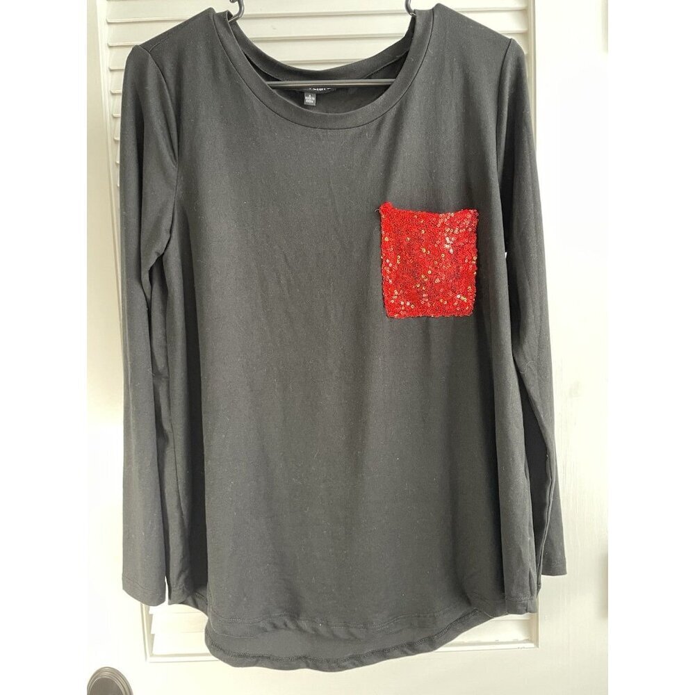aria & clara Black Long Sleeve Shirt with Red Sequined Pocket Women's Sz S NWT